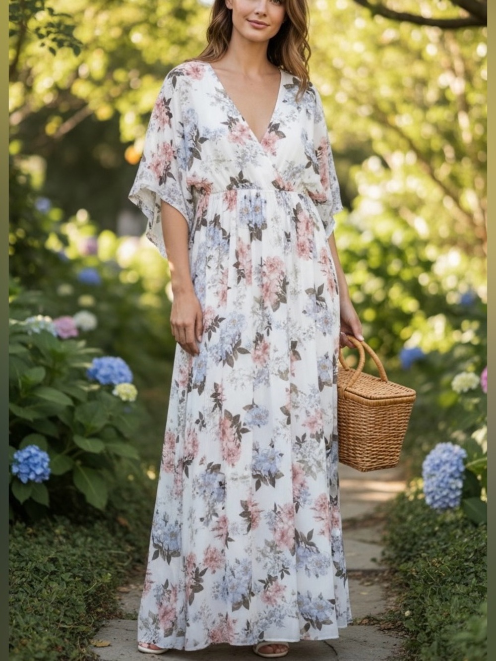 Baltic Born Kia Kimono White Chiffon Floral Faux Wrap Maxi Dress - Extra Large